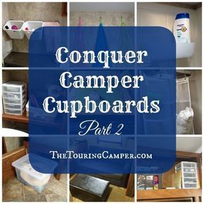 Products and ideas for space-saving camper organization: Staying organized and space-saving strategies are key when living in small spaces. Conquer your camper cupboards with these great ideas and products! Camper Cupboards, Kangoo Camper, Camper Organization, Camper Hacks, Rv Organization, Camper Storage, Trailer Life, Camping Organization, Camping Camper