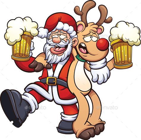 Drunk Santa Claus and reindeer. Vector clip art illustration with simple gradients. All in a single layer. EPS10 file included. Santa Claus And Reindeer, Christmas Cartoon Characters, Santa Clipart, Christmas Beer, Bad Santa, Santa Claus Reindeer, Merry Christmas Santa, Christmas Characters, Christmas Drawing