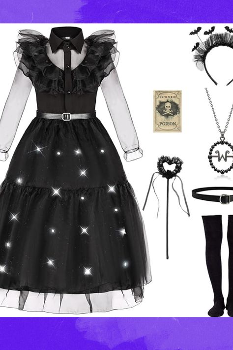 Light Up Wednesday Addams Costume Dress Girls Kids Halloween Costumes Cosplay with Belt Necklace Socks Hairband Wand Dress Girls Kids, Kids Halloween Costumes, Belt Necklace, Wednesday Addams Costume, Light Up Costumes, Up Costume, Halloween Outfit, Kids Halloween, Wednesday Addams