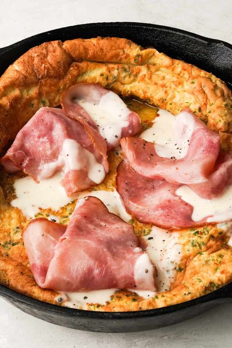 Savory Dutch Baby Recipe, Dutch Baby Pancake Savory, Whisper Of Yum, Spicy Chili Crisp, Savory Dutch Baby, Parmesan Potato Stacks, Dutch Baby Recipe, Parmesan Potato, Potato Stacks