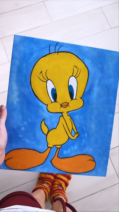 Tweety Bird Canvas Painting, Bird Paintings On Canvas, Islamic Art Canvas, Fence Art, Bird Canvas, Cute Canvas Paintings, Cartoon Painting, Canvas Painting Designs, Cute Paintings