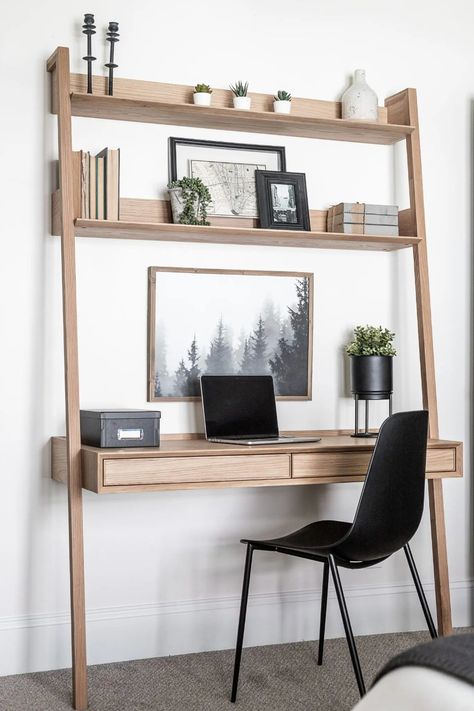 home office ideas, leaning desk Bedroom Office Space, Desk In Living Room, Bedroom Desk, Home Office Bedroom, The Desk, Modern Home Office, Home Office Setup, Home Office Space, Home Office Design