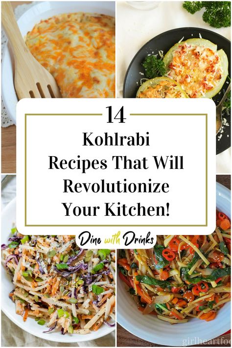 Collage of 4 kohlrabi recipes. Kohlrabi Recipes Healthy, Kohlrabi Slaw, Kohlrabi Recipes, Refreshing Salads, Veggie Delight, Main Dish Salads, Healthy Low Carb Recipes, Garden Recipes, Stir Fries