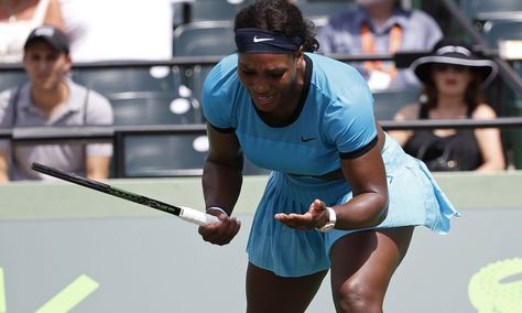 Mar 28, 2016; Key Biscayne, FL, USA; Serena Williams reacts after missing a shot against Svetlana Kuznetsova (not pictured) on day seven of the Miami Open at Crandon Park Tennis Center. Kuznetsova won 6-7(3), 6-1, 6-2. Mandatory Credit: Geoff Burke-USA TODAY Sports Svetlana Kuznetsova, Serena Williams Tennis, Crandon Park, Miami Open, Williams Tennis, Tennis Center, Key Biscayne, French Open, Serena Williams