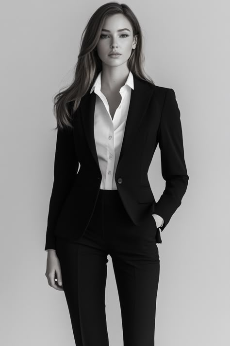 Black Office Suit For Women, Professional Chic Outfits Classy, Career Women Outfits, Designer Business Suits For Women, Business Women Aesthetics, Black Suit Style Women, Business Women Outfits Dress, Female Architect Aesthetic Outfit, Office Outfits Blazer