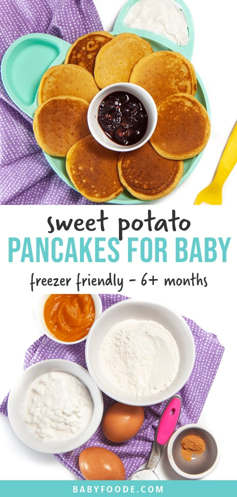 These Sweet Potato Pancakes for Baby are quick and easy to make and perfectly soft and fluffy. Great for toddlers too, they are freezer friendly and full of healthy ingredients. Perfect for 6+ months and Baby-Led Weaning! #pancakesbaby #babyledweaning #blw #toddler #breakfast Sweet Potato Pancakes For Baby, Pancakes For Baby, Baby Pancakes, Easy Baby Food Recipes, Toddler Breakfast, Sweet Potato Pancakes, Baby & Toddler Food, Baby Led Weaning Recipes, Healthy Baby Food