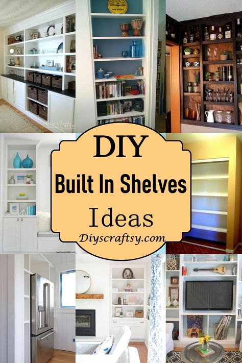 DIY Built In Shelves Ideas 1 How To Diy Built In Shelves, Built In Hallway Shelves, Adjustable Built In Shelves, Homemade Built In Shelves, Built In Drywall Shelves, Built In Shelf Bedroom, Built In Book Shelf Wall Ideas, How To Build Built In Shelves, Half Wall Shelves Built Ins