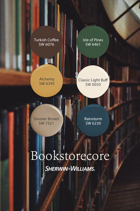 From serene blue and saturated green to classic neutrals, the hues of this palette from Sherwin-Williams pull you into a whimsical world of books. Tap this pin to order FREE color chips. #sherwinwilliams #DIY #interiordesign #color #inspiration #paint #decor #homeimprovement #homedecor #bookstorecore #bookcore #booktok Dark Blue Brown Green Color Palette, Hogwarts Houses Color Palette, Craftsman Home Paint Colors, Dark Academia Blue Color Palette, Cottagecore Paint Colors Sherwin Williams, Old Book Color Palette, Color Pallets For Coloring Books, Bookish Color Palette, Harry Potter Paint Colors