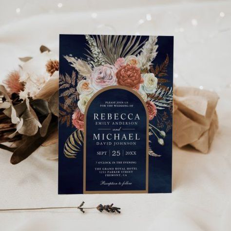 Terracotta Navy Wedding, Pampas Arch, Blue Pampas, Navy Wedding Invitation, Fall Deserts, Terracotta Wedding, Navy Wedding Invitations, Wedding Invitation Video, Wedding Invitations Boho