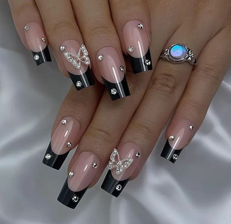 Medium Coffin French Tip, Stick On Nails For Kids, Coffin French Tip, Nails Medium Coffin, Black Press On Nails, Almond Acrylic Nails Designs, Coffin French, Nails Butterfly, Nails Press Ons