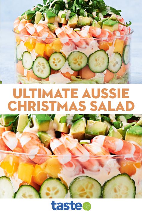 Layered with fresh Aussie ingredients including mango, prawns and avocado, and drizzled with a creamy sweet chilli dressing, the easy salad recipe will be the star of your Christmas feast. Christmas Salads Recipes, Christmas Salad Recipes, Christmas Salad, Simple Desserts, Prawn Salad, Party Bites, Christmas Salads, Salads Recipes, Aussie Christmas