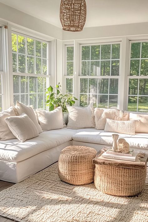 Discover the charm of a modern farmhouse sunroom that perfectly balances style and functionality for families. This serene space offers an inviting atmosphere ideal for family gatherings or quiet moments with a book. Enjoy natural light and indoor-outdoor flow, creating a cozy spot for kids to play while you unwind. Explore our blog for design tips and inspiration to transform your home into a nurturing haven. Learn more today and bring your sunroom dreams to life. #HomeDecor #FamilyFriendly Sunroom Back Of House, Couches For Sunroom, Diy Sunroom Furniture, Sunroom Farmhouse Style, Sunroom With Window Seat, Natural Light Home Design, Living Room With Sunroom Attached, Sun Room Home Additions, Sunroom Reading Area