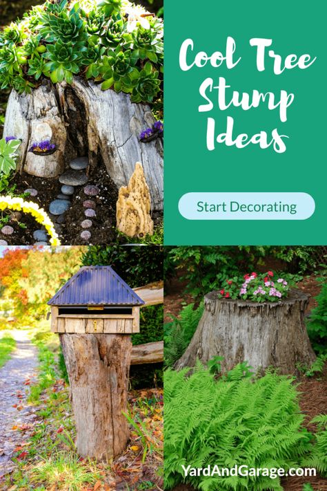 Garden Ideas With Tree Stumps, Tree Stump Decorating Ideas, Stump Decorating Ideas, Tree Stumps Diy, Tree Stump Ideas, Tree Stump Decor, Stump Ideas, Tree Stump Planter, Wood Stumps