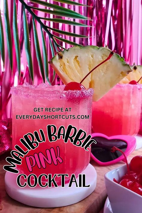 pink cocktail in a glass garnished with a pineapple wedge and cherry Pink Drink With Malibu Rum, Simple Pink Alcoholic Drinks, Barbie Birthday Dinner, Barbie Frat Party, 21st Birthday Ideas At The Beach, Pink Jungle Juice Recipe, Barbie Birthday Party 22, Barbie Inspired Alcohol Drinks, Barbie Theme Beach Party