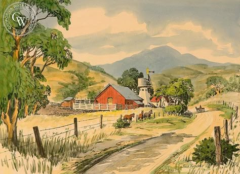 Pictures Of Farms, Vintage Farm Art, Watercolor Farm Landscape, Farm Watercolor Paintings, Farm Life Art, Farm Scene Painting, Farm Drawing, California Watercolor, Art Deco Cottage