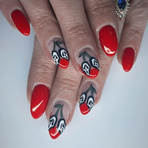 Bold Halloween Nails, Cherry Halloween Nails, Horror Movie Inspired Nails, Simple Ghostface Nails, Ghostface Inspired Nails, Simple Vegas Nails, Short Nail Designs Almond, Spooky Nail Designs Ideas For Halloween, Disney Spooky Nails