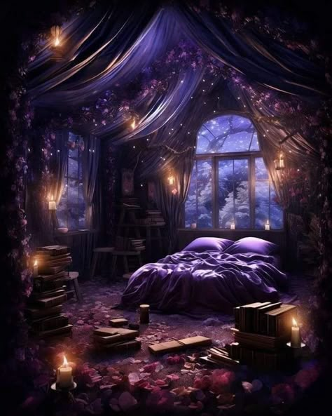 Witchy Rooms, Purple Bedroom Ideas, Gothic Decor Bedroom, Castle Bedroom, Fantasy Bedroom, Purple Bedrooms, Dream Bedroom Inspiration, Fantasy Rooms, Purple Bedroom