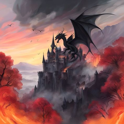 "Black Dragon Attacks" Is a render of a Black Dragon attacking a Castle and enveloping it in fire and smoke surrounded by fiery trees. Dragon Attacking, Castle Drawing, Black Dragon, A Castle, Top Artists, Drawing Ideas, Science Poster, Stranger Things, Accessories Design