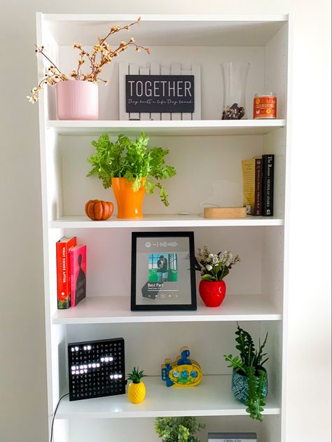 colorful | bright | house | home | apartment | decorations | fun flower pots | funky | odd | minimalist | work in progress Eclectic Bookshelf, Room Shelf Decor, Colorful Vases, Bright House, Room Shelf, Home Apartment, White Shelves, Room Shelves, Nicholas Sparks