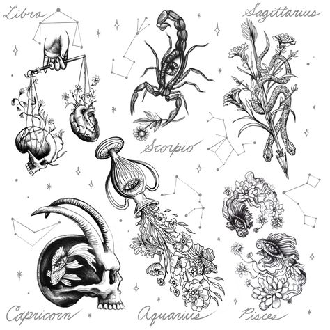 Zodiac, horoscopes, tattoo ideas Pisces Constellation Tattoo, Libra Star Sign, Aquarius And Scorpio, Sagittarius Tattoo, Libra Tattoo, Libra And Sagittarius, Aquarius Tattoo, Pisces Constellation, Scorpio Tattoo