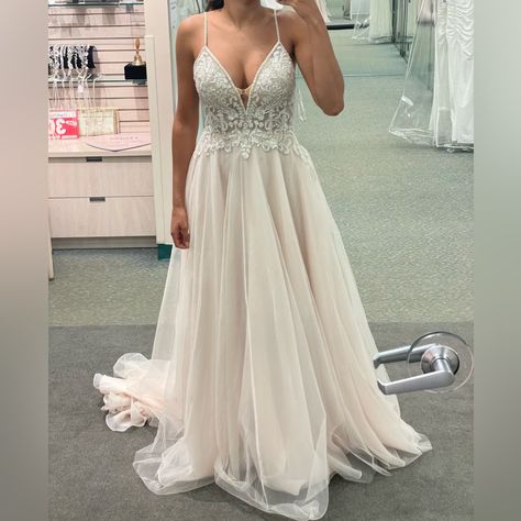 This Brand New Never Worn Wedding Dress Is Absolutely Stunning! A-Line Shape With A Built-In Corset To Keep You Snatched And Fitted With A Deep Plunge Neckline In Front And A Low Back V-Shape. Tulle Bottom Ivory In Color With A Rose/Nude Tone Underneath. The Top Is Slightly Sheer In The Corset Area, With A Beaded And Jeweled Lace/Appliqu Bodice. Originally From David’s Bridal- Straight From The Warehouse And Purchased Off The Rack, (Signature Collection). No Alterations Done. Wedding Dress Cuts, Moonlight Wedding, Davids Bridal Wedding Dresses, Deep Plunge, Davids Bridal Dresses, Corset Lace, Lace Bridal, Plunge Neckline, Colored Wedding Dresses