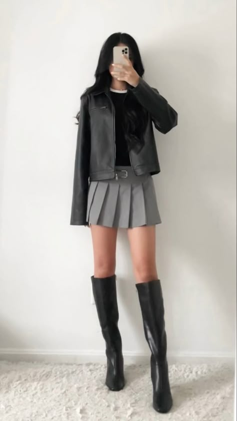 Fall outfit, outfit inspo, style inspiration, outfit idea, tall boots, black knee high boots, pleated mini skirt, black leather jacket High Knee Boots With Skirt, Black Dress Knee High Boots Leather Jacket, Outfit Inspo Knee High Boots, Knee High Boots And Mini Skirt, Mini Skirt And Knee High Boots, Black Knee High Boots Outfit Spring, Knee High Boots Outfit Aesthetic, Knee High Boots Skirt Outfit, Black Leather Boots Outfit Knee High