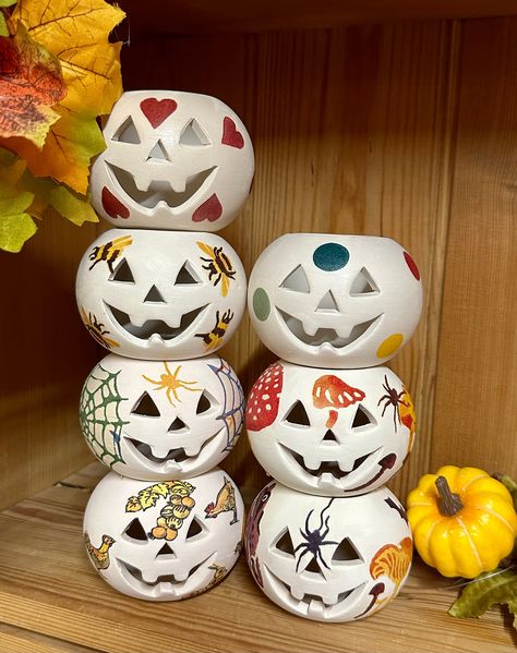 Stylish Halloween Decor, Pumpkin Tea Lights, Battery Operated Tea Lights, Napkin Decoupage, Emma Bridgewater, Tealight Holder, Hanging Hearts, Painted Pumpkins, Halloween Decoration