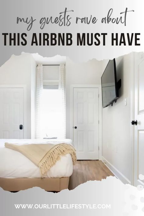 This airbnb hosting blog post image shows a bedroom of a small beach condo.  You can see the bed and two white walls.  There are three white doors, all with hooks on them.  There is a black TV hanging on the wall. Single Room Airbnb Ideas, Small Bedroom Airbnb Ideas, Rental Must Haves, Basement Airbnb, Airbnb Themed Rooms, Air Bnb Must Haves, Airbnb Must Haves, Short Term Rental Decor Ideas, Airbnb Decor Ideas