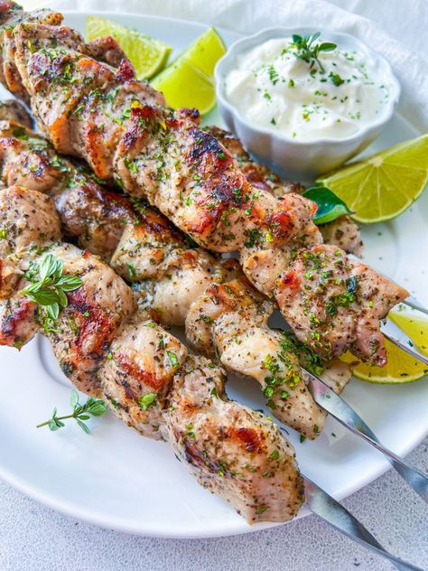 Pork Skewers Souvlaki Skewers, Greek Feta Salad, Grilled Zucchini Recipes, The Modern Nonna, Modern Nonna, Salmon Skewers, Pork Skewers, Tzatziki Recipes, Yogurt Chicken