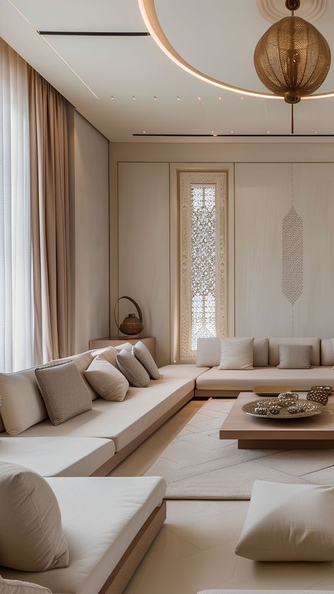 A modern Arabic majlis in Dubai features luxurious seating with intricate patterns and soft cushions. Dubai Interior Design Living Rooms, Modern Arabic Living Room, Modern Middle Eastern Interior Design, Arab Living Room, Dubai Living Room, Arabian Living Room, Arabian Majlis, Modern Majlis, Modern Islamic Interior