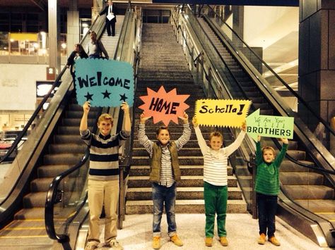 Welcome Sign Airport, Airport Welcome Signs, Welcome Back Party, Welcome Back Home, Airport Signs, Honor Flight, Funny Banner, Homecoming Signs, Missionary Care Packages