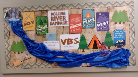 Rolling River Rampage VBS bulletin board. Printed out their clip art and turned it into info board for vbs. So easy!! River Bulletin Board, Vbs Diy, Deep Sea Discovery Vbs, Camping Vbs, Hero Central Vbs, Outreach Marketing, Camp Vbs, Kids Church Rooms, Superhero Vbs