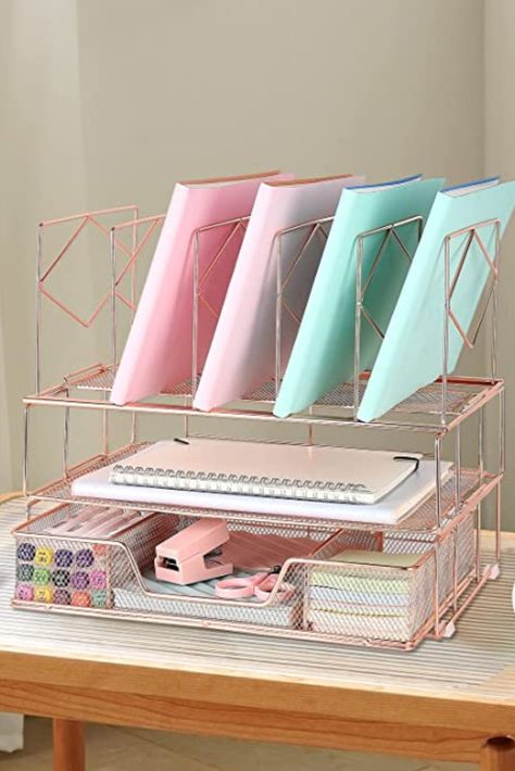 gianotter Desk Organizers and Accessories, Office Supplies Desk Organizer with Sliding Drawer, Double Tray and 5 Upright Section ​File Sorter Organizer (Rose Gold) Gold Desk, Office Organizer, Future Room, Desk Inspiration, Steel Frame Construction, 2 Letter, Simple Desk, Desk Organization Office, Global Office Furniture