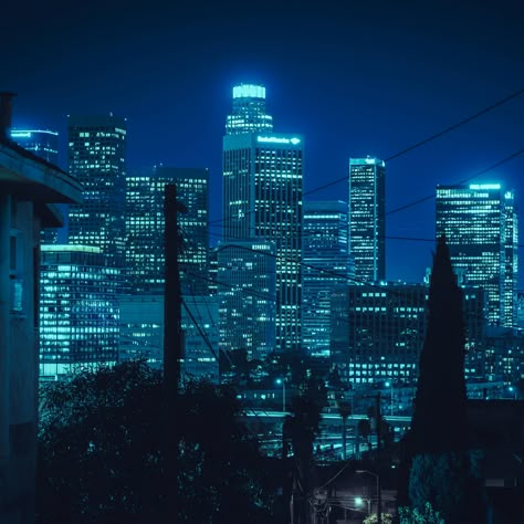 Building Aesthetic, Blue Lights, Cyberpunk City, Living Modern, Blue City, City Vibe, City Landscape, Modern City, Downtown Los Angeles