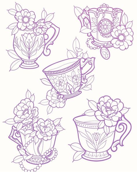 Cup Of Tea Tattoo, Teapot Tattoo, Tea Tattoo, Teacup Tattoo, Line Tracing, Cup Tattoo, Neotraditional Tattoo, Coffee Tattoos, Flash Ideas