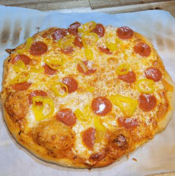 a photo of a pepperoni & banana pepper homemade pizza baked with bubbly crust, dough made with fresh milled flour Pizza Dough Recipe All Purpose Flour, Chewy Pizza Dough, Pizza Variations, Milling Flour, The Best Pizza Dough Recipe, Macaroni And Cheese Pizza, Wheat Berry Recipes, Biblical Diet, The Best Pizza Dough