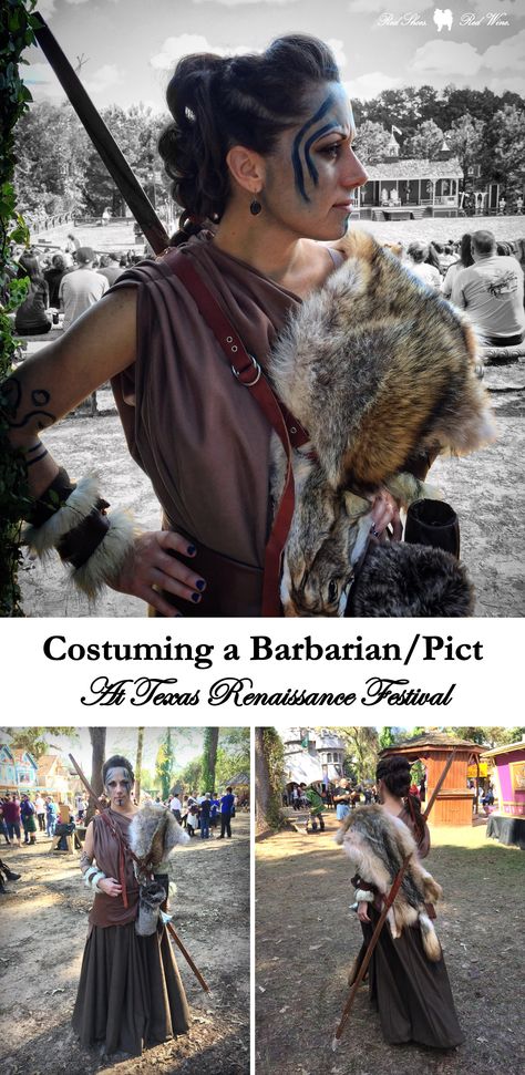 Costuming a Barbarian at Texas Renaissance Festival: a look back at my Pict woman warrior (pre-Scotland) costume for Barbarian invasion weekend at Texas Renaissance Festival. Costume and woad face paint inspired by Etain from Centurion, Guinevere from King Arthur, and a little Floki from Vikings (made by me). Viking Woman Diy Costume, Renn Faire Viking, Barbarian Woman Costume Diy, Viking Costumes For Larp And Medieval Festivals, Ren Fest Barbarian, Women Barbarian Costume, Boudicca Costume, Viking Costume Female Diy, Vikings Costume Diy