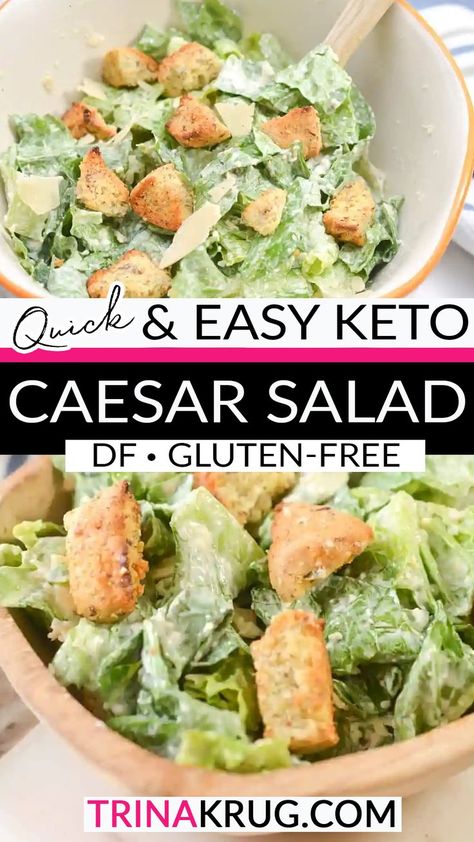 This Keto Caesar salad is bursting with classic flavors! It’s made with low-carb croutons and a super-easy homemade dressing for a delicious meal or side. I have always loved a good Caesar salad. Crunchy romaine, nutty Parmesan, crunchy croutons, and creamy dressing come together for a classic combination. | @trinakrug Keto Caesar Dressing Recipe, Caesar Salads, Caesar Dressing Recipe, Gluten Free Dinner Easy, Best Keto Meals, Diet Dinner Recipes, Diet Dinner, Simple Dressing, Caesar Salad Recipe