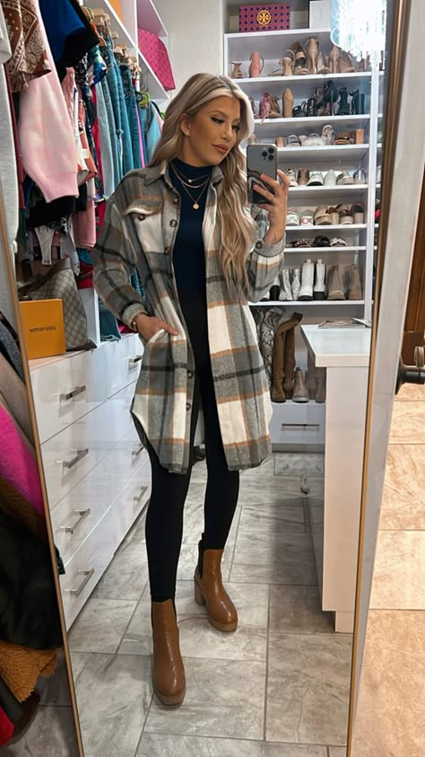 Long Flannel Shirt Outfit Winter, Flannels With Dresses, Brown Plaid Jacket Outfit Woman, Layered Shacket Outfit, Dress With Shacket Outfit, Flannel Shacket Outfit Leggings, Shacket Outfit Women Leggings, Plaid With Leggings, How To Style A Long Plaid Shacket