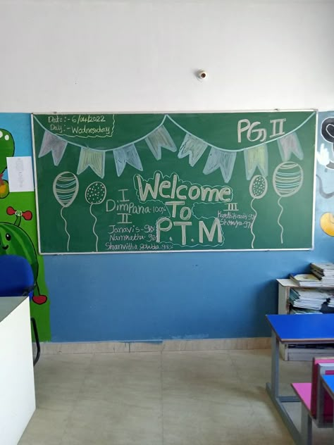 Class Black Board Decoration Ideas, Good Habits Chart For Kids Project, Black Board Decoration For Ptm, Ptm Decoration School, Welcome To Ptm Board Decoration, Activity For Class 1, Board Decoration Ideas School With Chalk, Welcome To Ptm, Ptm Board Decoration Ideas School