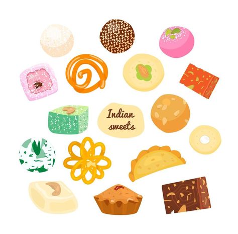 Vector set of traditional Indian sweets. Laddu, gujiya, sandesh, gulab jamun, jalebi, rasgulla and others. Gulab Jamun Illustration, Diwali Sweets Illustration, Diwali Sweets Drawing, Indian Sweets Drawing, Jalebi Drawing, Indian Sweets Illustration, Jalebi Illustration, Indian Sweets Aesthetic, Sanskrit Project