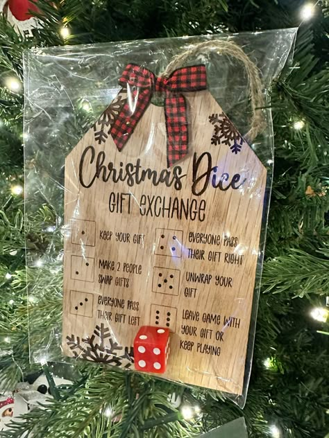 "Fun Christmas party presents swap game. Approximately 6\" x 3\", this tag makes the perfect gift to bring to a work or family gathering. Dice & bow included (color of dice and bow varies)." Ornament Swap Party, Bunco Christmas Ornaments, Cricut Christmas Gifts For Family, Christmas Party Door Prizes, Work Christmas Party Decorations, Adult Christmas Gift Exchange Ideas, Christmas Bunco Party Ideas, Christmas Present Games, Mini Christmas Gifts