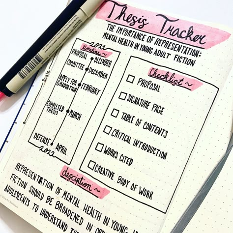 Writing Thesis Aesthetic, Project Tracker Bullet Journal, Bullet Journal University, Dissertation Journal, Thesis Planner, Buju Ideas, Thesis Aesthetic, Bujo Goals, College Bullet Journal