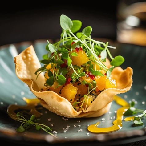 Scallop and Mango Tartare with Spicy Microgreens and Wonton Chips Recipe