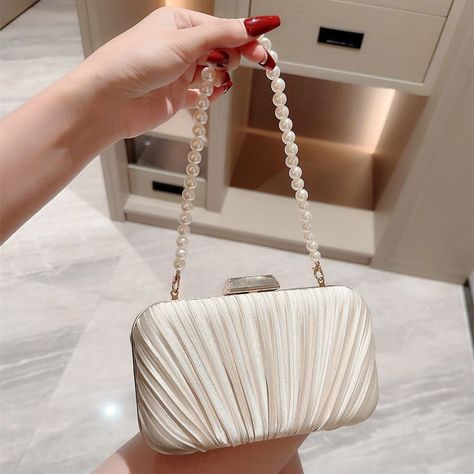 Silk Evening Bag Women Elegant Fashion Banquet Clutch Pearl Chain Shoulder Bags Luxury Purse Female Prom Bag, Prom Purse, Prom Clutch, Bride Bag, Pearl Clutch, Bridal Handbags, Party Handbags, Silver Bags, Wedding Purse