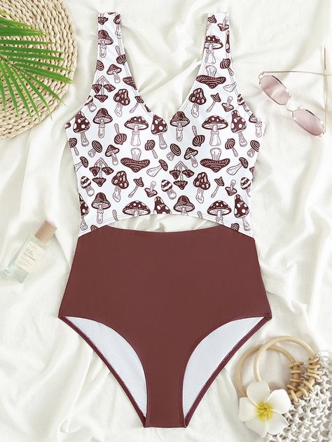 Mushroom Print Cut-out One Piece Swimsuit | SHEIN USA Mushroom Stuff, Swimsuit Inspo, Swimsuit Shein, Mushroom Print, Anime Clothes, Cut Out One Piece, Drawing Anime Clothes, Beach Skirt, Beachwear For Women