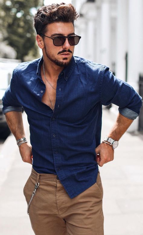 Young Professional Outfits Casual, Blue Shirt Outfit Men, Blue Outfit Men, Young Mens Fashion, Shirt Outfit Men, Mens Summer Outfits, Mens Casual Outfits Summer, Outfits Hombre, Ranveer Singh