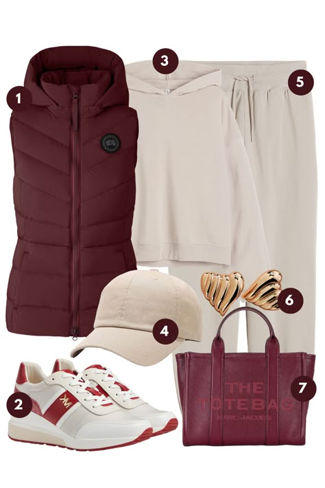 This fashion moodboard effortlessly blends functionality with style, ideal for those crisp winter days. The ensemble is anchored by a plush, burgundy puffer vest that promises warmth without compromising on silhouette. Complementing this is a soft, cream hoodie that adds a layer of comfort and casual chic. The look is balanced with relaxed beige joggers, offering a neutral base for the rich tones above. Burgundy Puffer Vest Outfit, Burgundy Vest Outfit, Charity Gayle, Beige Joggers, Puffer Outfit, Puffer Vest Outfit, Burgundy Vest, Lounge Outfits, Burgundy Hoodie