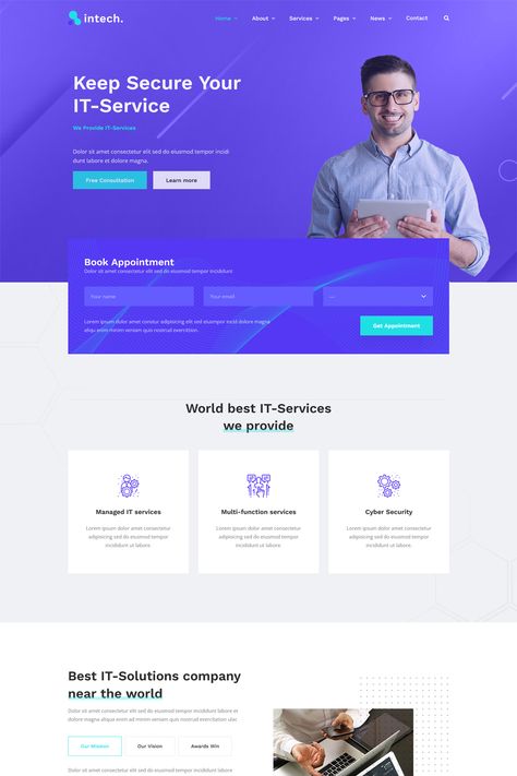 "Intech - IT Solutions & Company WordPress Theme," caters to IT companies, tech startups, or any business related to technology solutions. It Solutions Website Design, Managed It Services, Business Website Design, It Solutions, Company Website, Tech Startups, Wordpress Themes, Business Website, Wordpress Theme