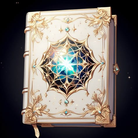 Cover: The tome's cover is bound in ethereal white leather, adorned with celestial motifs and intricate golden filigree. In its center is a radiant, luminescent gemstone that seems to mirror the night sky's constellations. This gemstone is said to be a fragment of the cosmic fabric, symbolizing the connection between the divine and the cosmos. White Book Cover Design, Magic Book Drawing, Celestial Motifs, Artifact Art, Desain Buklet, Magic Spell Book, Magical Book, Fantasy Props, My Fantasy World